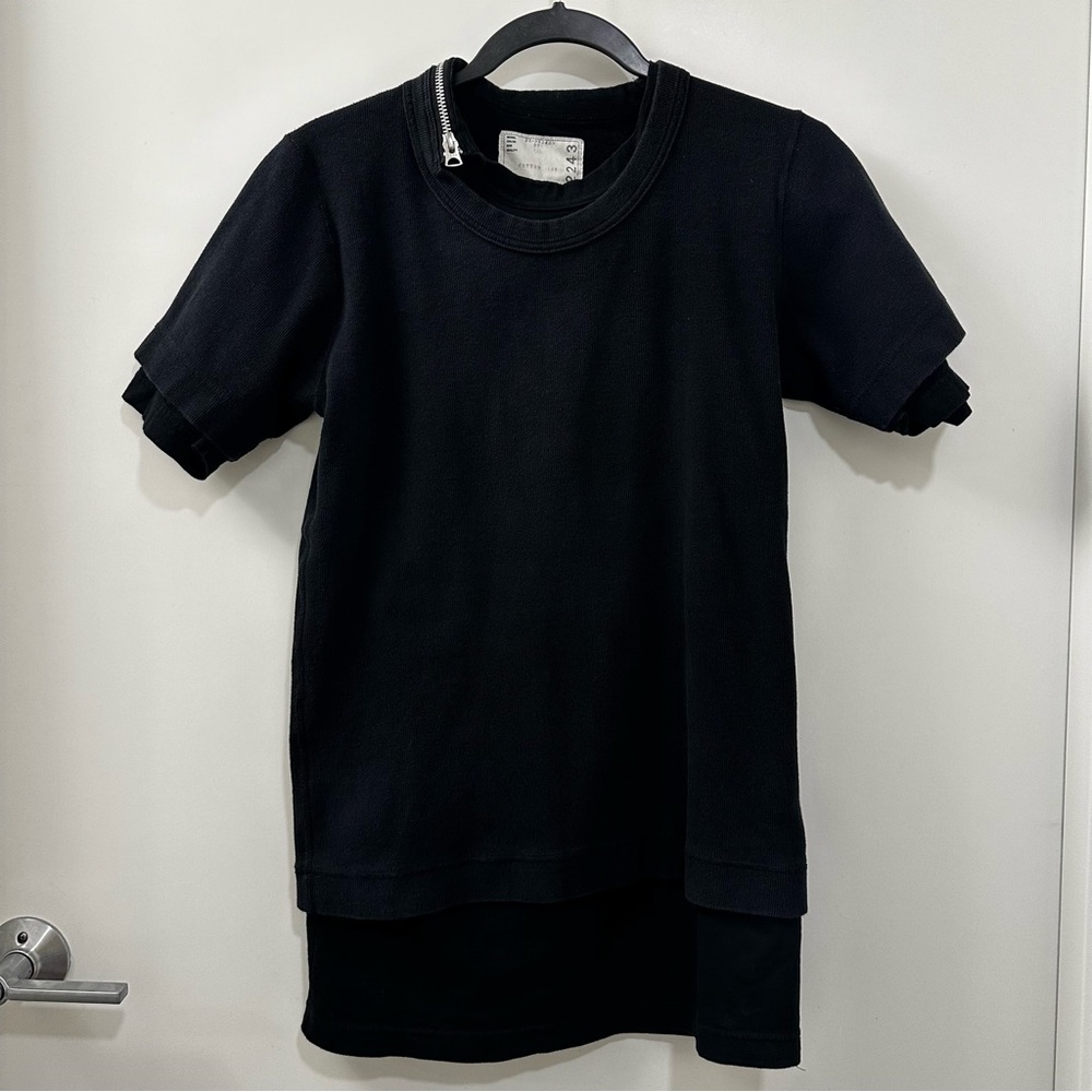 Rare Sacai Double Layer Black Zipped Crewneck Tee - Size 1